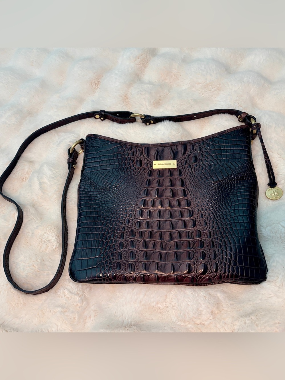 Brahmin Chocolate Brown Croc-Embossed Leather Crossbody Bag